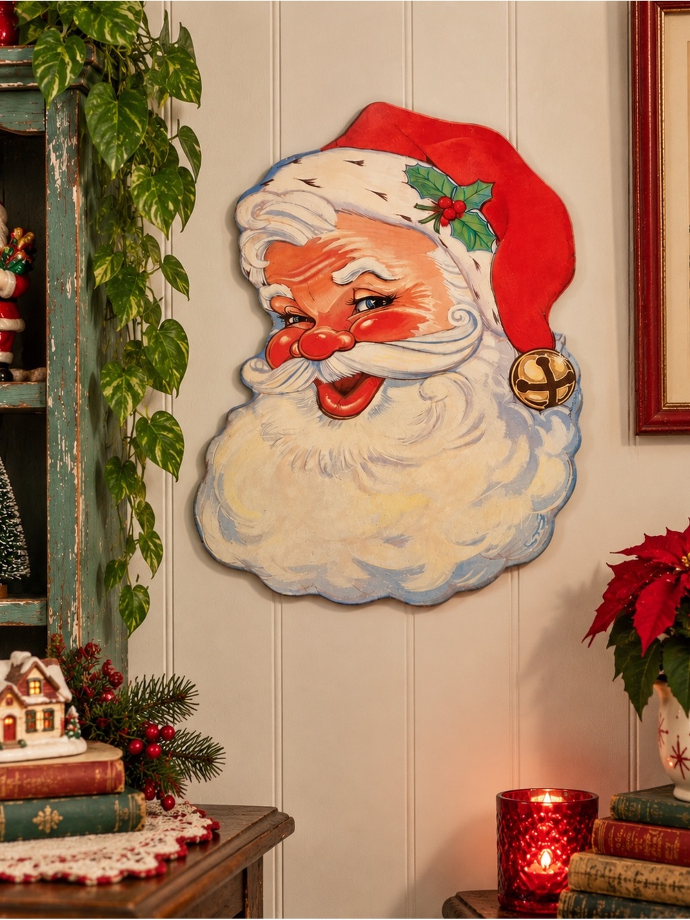 Vintage Christmas Jolly Santa Claus Face Head Die Cut Eureka USA Flocked